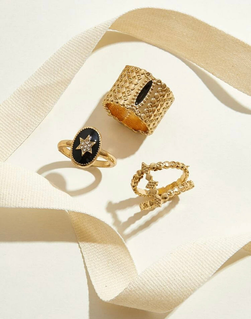 Rhinestone Engraved Star & Textured Rings (3 Pieces)