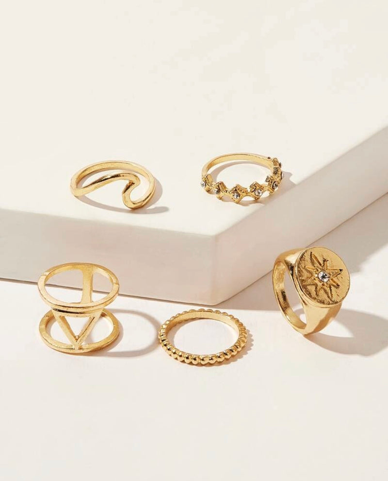 Rhinestone Gold Symetric Midi Rings (5 pieces)