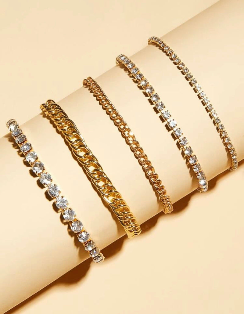5pcs Rhinestone & Chain Anklets