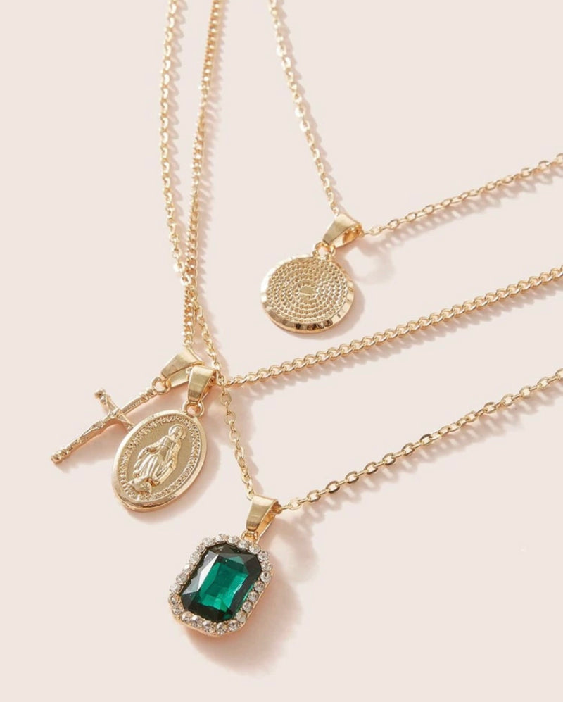 E.Y.E Green Gemmie & Cross Layered Necklace