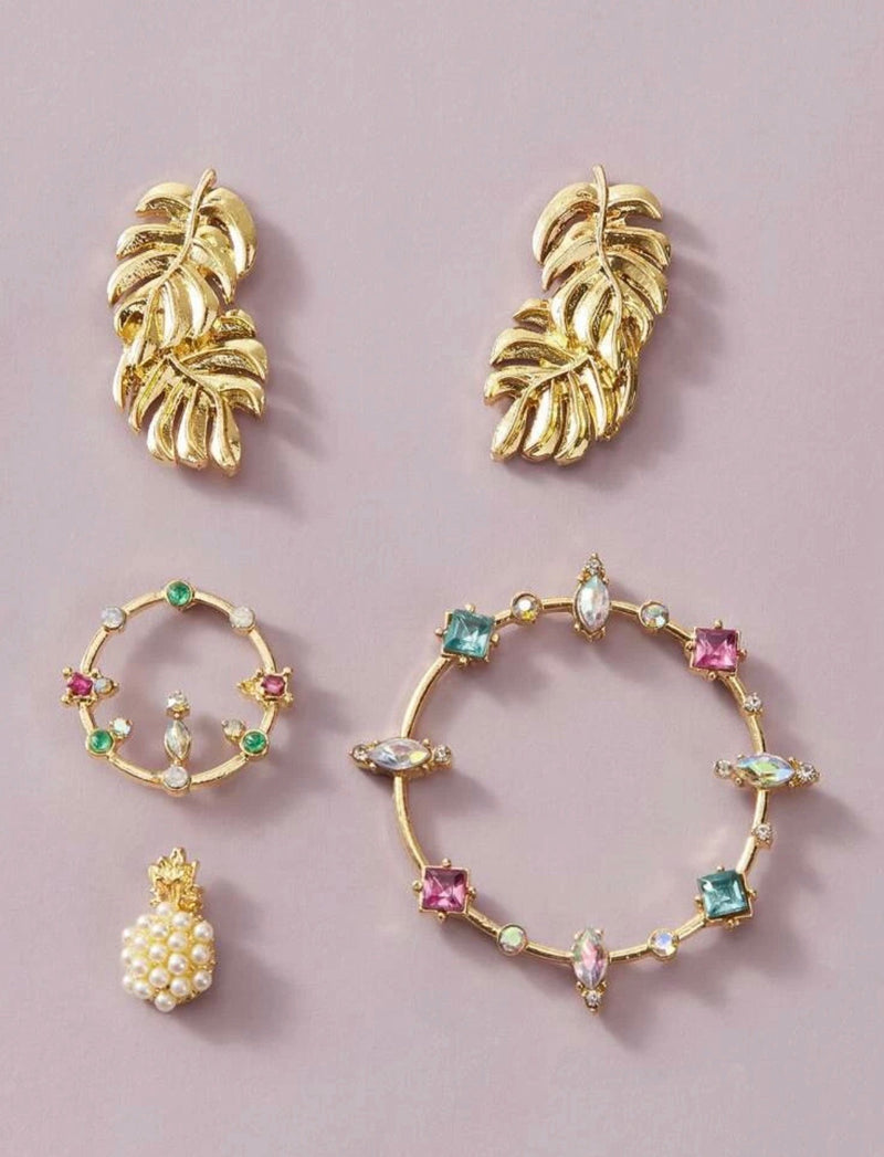 Leaf & Rhinestone Pearl Earrings (5 pcs)