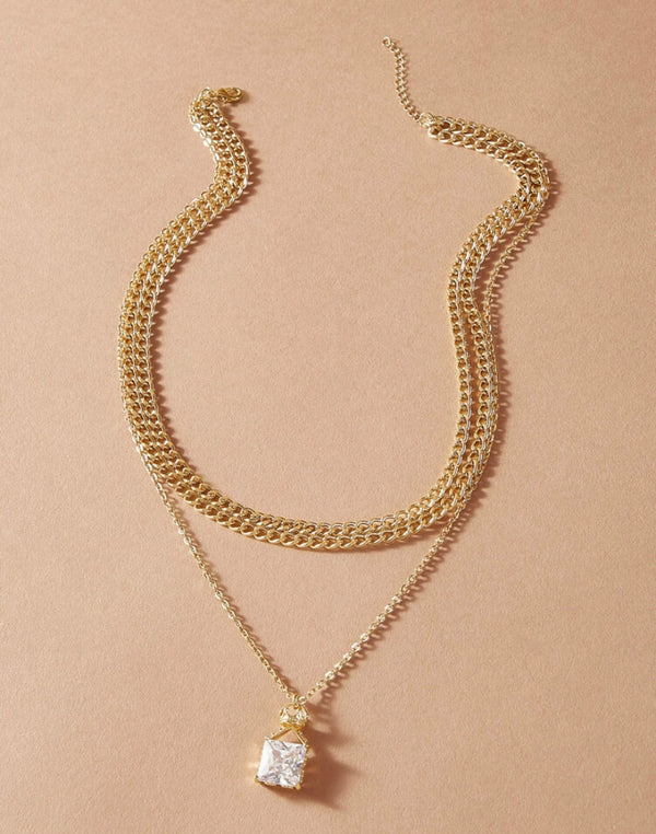 Square Rhinestone Chain Layered Necklace