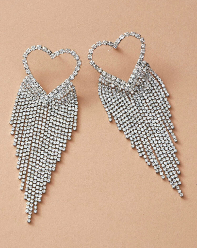 Heart Tassel Rhinestone Earrings